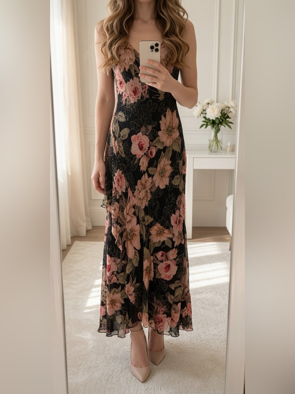 Vtg Eva Blue beaded floral maxi.  Romantic fairycore whimsigoth wedding guest